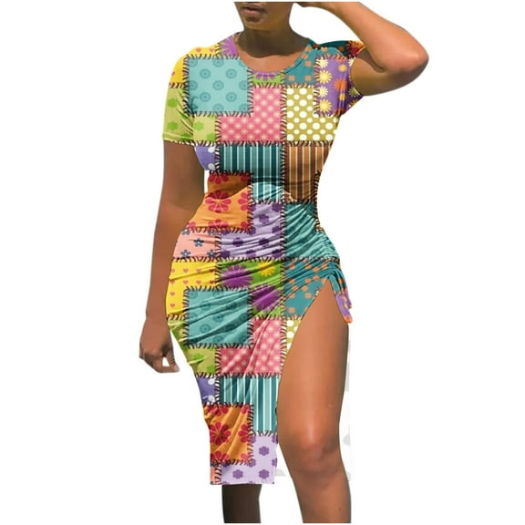 Usmixi Formal Dresses for Women Night Party Club Sexy Drawstring Slit Bodycon Dress Crewneck Short Sleeve Striped Print 2023 Summer Midi Dresses Yellow xxxl Clothes