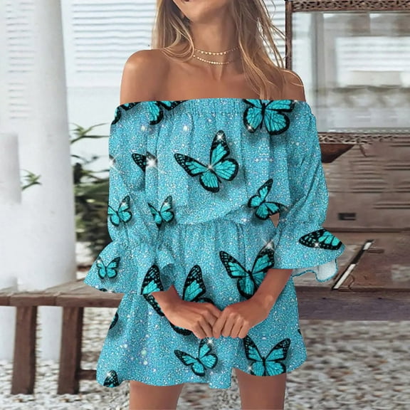 Usmixi Formal Dresses for Women Party Prom Fashion Elastic Waist off Shoulder Ruffle Hem Tunic Mini Dresses Square Neck 3/4 Sleeve Marbled Print Summer Short Dress Blue m