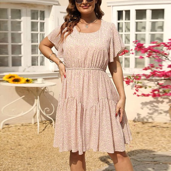 Usmixi Formal Dresses for Women Party Vintage Elastic Waist Ruffle Swing Plus Size A Line Dresses Square Neck Short Sleeve Floral Summer Mini Dress Beige XXL