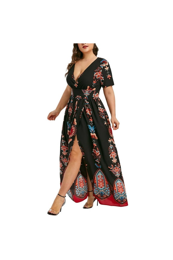Usmixi Formal Dresses for Women Plus Size Vintage Empire Waist Pleated Slit Swing A Line Party Long Dresses V-Neck Short Sleeve Butterfly Print 2023 Summer Maxi Dress Black XXXL