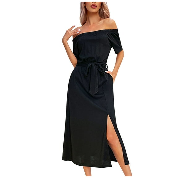 Usmixi Formal Dresses for Women Short Sleeve One Line Neck Solid Summer Long Dresses Tie Waist Beach Fashion Off Shoulder Pocket Slit Dress Black s Under $5
