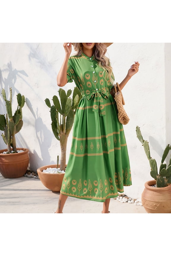 Usmixi Formal Dresses for Women Short Sleeve Round Neck Western Print Summer Long Dresses Tie Waist Vintage Graphics Button Swing A Line Dress Green m Under $5
