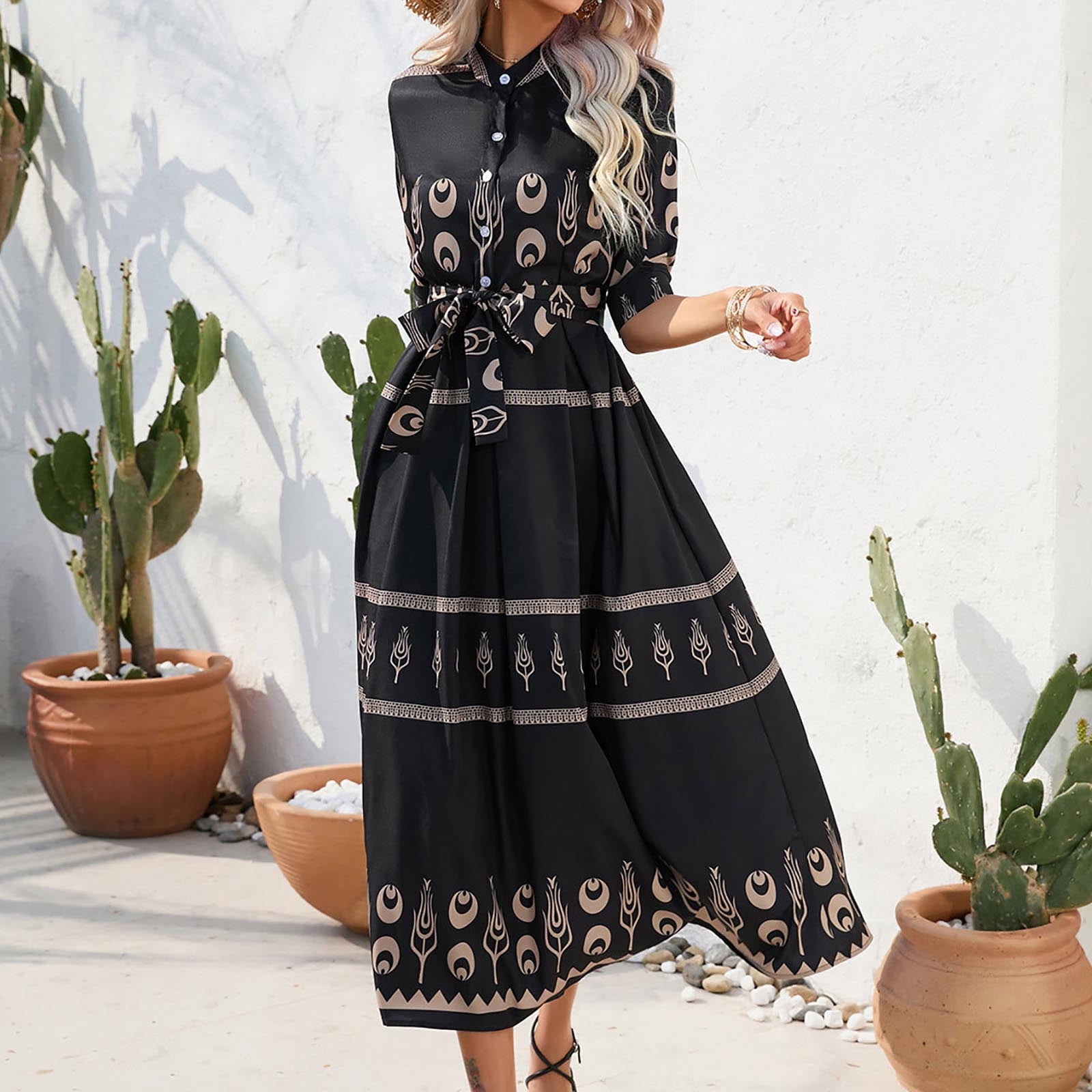 Usmixi Formal Dresses for Women Short Sleeve Round Neck Western Print Summer Long Dresses Tie Waist Vintage Graphics Button Swing A Line Dress Black