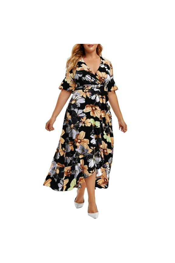 Usmixi Formal Dresses for Women Short Sleeve V-Neck Butterfly Print Summer Maxi Dresses Vintage Western Graphics Empire Waist Slit Swing Plus Size Dress Black XXXL
