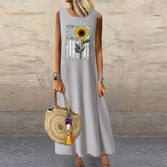 Usmixi Formal Dresses for Women Sleeveless Crewneck Sunflower Print Summer Maxi Dresses Fashion US Flag Graphics 4th July Loose Swing Cotton Linen Tank Dress Gray s Under $5