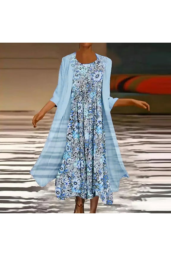 Usmixi Formal Dresses for Women Sleeveless Round Neck Floral Print Summer Maxi Dresses 2 Pieces Cardigan Sets Loose Pleated Swing Tank Dress Blue xl Under $5