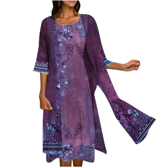 Usmixi Formal Dresses for Women Sleeveless Round Neck Floral Print Summer Maxi Dresses 2 Pieces Cardigan Sets Loose Pleated Swing Tank Dress Purple XL