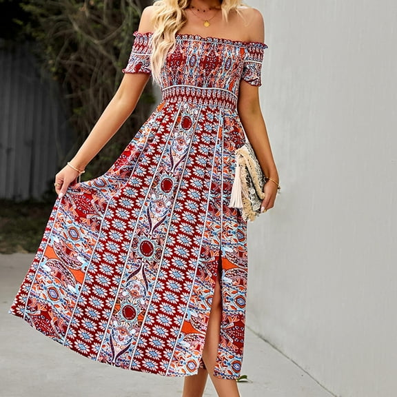 Usmixi Formal Dresses for Women Vintage Bohemian Elastic Waist Off Shoulder Slit Sun Dress One Line Neck Short Sleeve Ethnic Style Print Summer Maxi Dresses Wine M