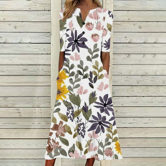 Usmixi Formal Dresses for Women Button Down Hem Swing Pocket Tunic Tshirt Long Dress V-Neck Elbow-Length Daisy Print Summer Maxi Dresses White XXL
