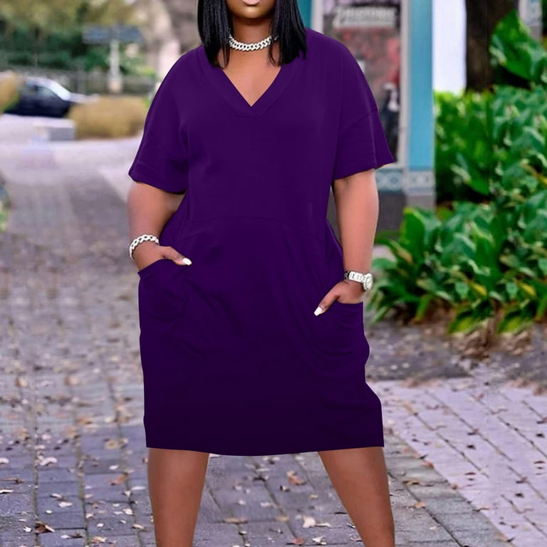 Usmixi Formal Dresses for Women Casual Plus Size Swing Tunic Knee-Length  Dresses with Pocket V-Neck Short Sleeve Solid Summer Midi Dress Purple XXXL  