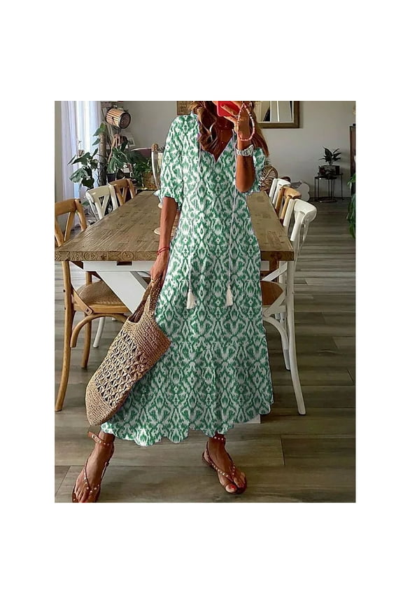 Usmixi Formal Dresses for Women Elbow-Length V-Neck Geometric Print Summer Maxi Dresses with Tassel Loose Flowy Swing Beach Tunic Dress Green S