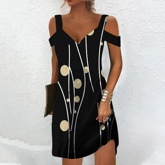 Usmixi Formal Dresses for Women Fashion Cold Shoulder Strap Tunic Tshirt Short Dresses V-Neck Short Sleeve Floral Print Summer Mini Dress Black s