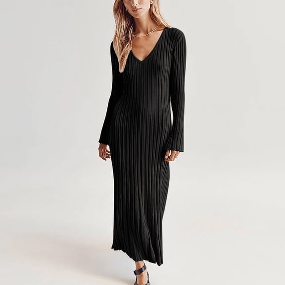 Usmixi Formal Dresses for Women Knitted Ribbed Party Prom Slim Wrap Formal Dress V-Neck Long Sleeve Solid Summer Maxi Dresses Black XL