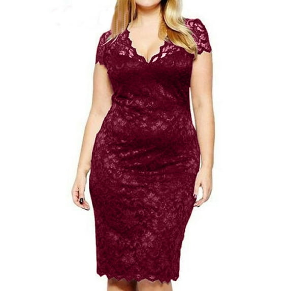 Usmixi Formal Dresses for Women Plus Size Party Elegant Lace Patchwork Wrap Pencil Dress V-Neck Short Sleeve Solid 2023 Summer Midi Dresses Wine xxxl