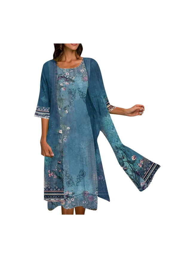 Usmixi Formal Dresses for Women Sleeveless Round Neck Floral Print Summer Maxi Dresses 2 Pieces Cardigan Sets Loose Pleated Swing Tank Dress Blue s