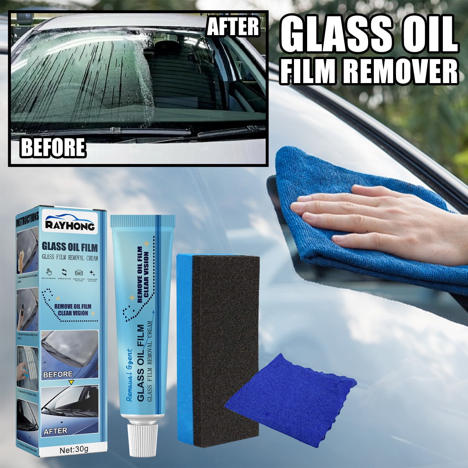 Usmixi Glass Film Removal Cream,Car Glass Oil Film Cleaner, Car Windshield Oil Film Cleaner, Glass Stripper Water Spot Remover with Sponge and Towel for Car & Home Bathroom Glass