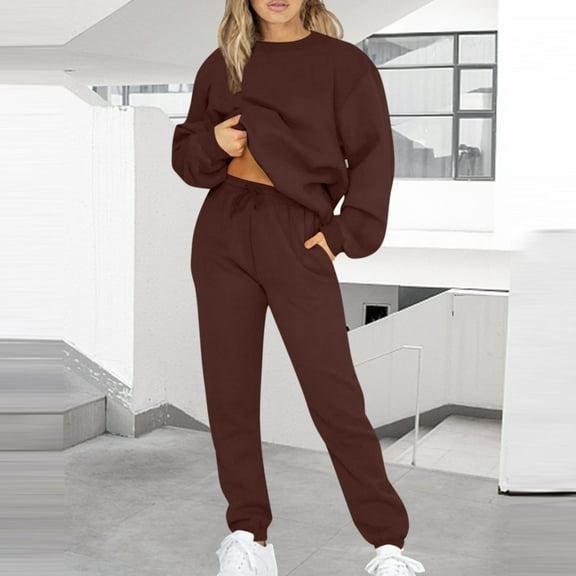 Usmixi Holiday 2 Piece Outfits for Women Crewneck Sweatshirt Sets for Women Drawstring Elastic Waist Jogger Pant Sweatsuit Sets with Pocket Sports Casual Solid Tracksuit Sets up to 60% off