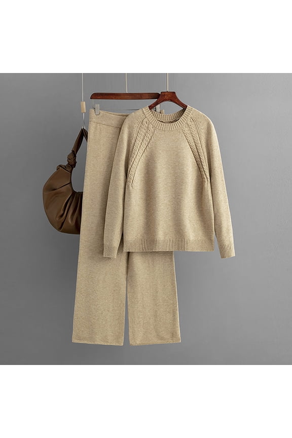 Usmixi Holiday 2 Piece Sweater Sets for Women Lounge Sets for Women Winter Soft Knitted Pullover Sweater and High Waist Wide Leg Long Pant Suits Casual Solid Loungewear Set up to 60% off