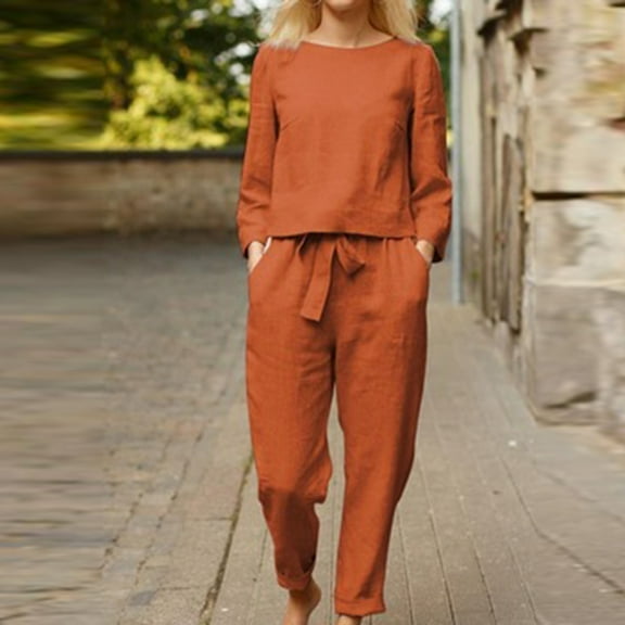 Usmixi Holiday Lounge Set for Women 2 Piece Outfits for Women Lightweight Cotton Linen Homewear Sets Casual Solid Long Sleeve Tops and Drawstring Pant Loungewear Set with Pocket up to 60% off