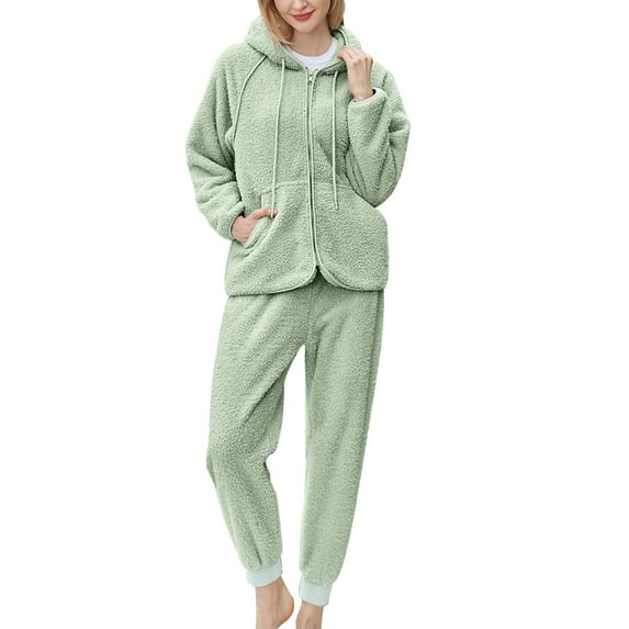 Womens Lounge Set Usmixi Plush Homewear Matching Sets for Women Open Zipper Drawstring Hooded Coat and Jogger Pant 2 Pieces Outfit Winter Warm Fleece Pajamas Set Under $5