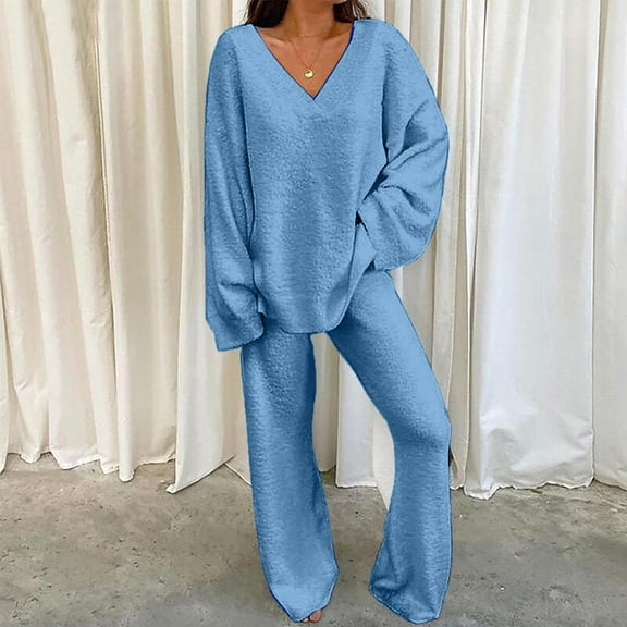 Usmixi Holiday Lounge Set for Women Womens Fleece 2 Piece Outfits Winter Cozy Plush Long Sleeve Tops and Baggy High Waist Pants Pajamas Set Casual Solid Homewear Loungewear Sets up to 60% off