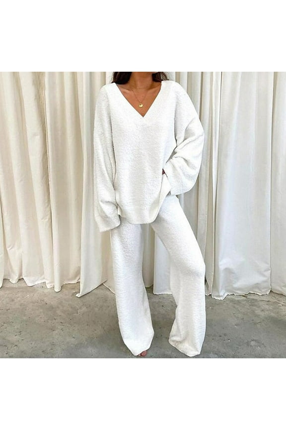Usmixi Holiday Lounge Set for Women Womens Fleece 2 Piece Outfits Winter Cozy Plush Long Sleeve Tops and Baggy High Waist Pants Pajamas Set Casual Solid Homewear Loungewear Sets up to 60% off