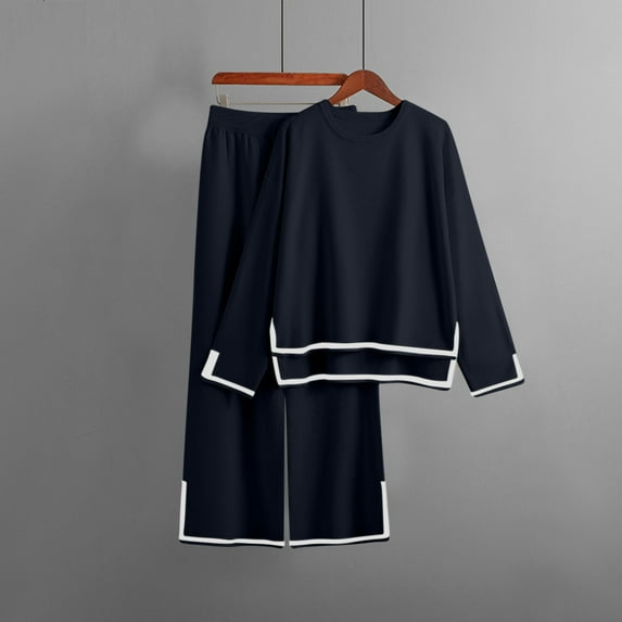 Usmixi Holiday Loungewear Set for Women 2 Pieces Outfit for Women Side Slit Long Sleeve Pullover Tops and Wide Leg Elastic Waist Pant Lounge Sets Casual Solid Homewear Set up to 60% off