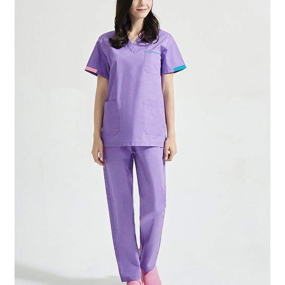 Usmixi Holiday Nurse's Uniform Sets for Women 2 Piece Scrubs Set for Women V Neck Short Sleeve Nurse's Tunic Tops with Pocket Long Pant Lounge Set Casual Solid Working Suits