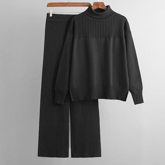 Usmixi Holiday Sweater Sets for Women Women 2 Piece Outfit Set Winter Turtleneck Soft Knit Pullover Sweater and Wide Leg Pant Lounge Sets Casual Solid Ladies Homewear Set up to 60% off