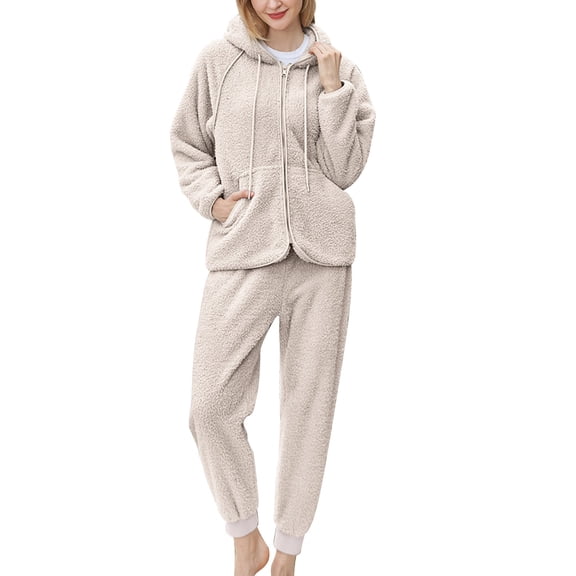 Usmixi Holiday Lounge Set for Women Plush Homewear Matching Sets for Women Open Zipper Drawstring Hooded Coat and Jogger Pant 2 Pieces Outfit Winter Warm Fleece Pajamas Set up to 60% off