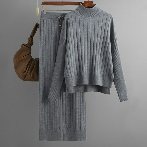 Usmixi Holiday Sweater Outfits Set for Women 2 Piece Outfit for Women Cozy Knitted Pullover Sweater and High Waist Straight Leg Pant Lounge Sets Casual Solid Loungewear Set up to 60% off