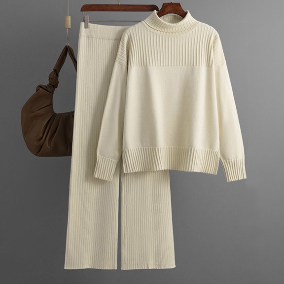 Usmixi Holiday Sweater Sets for Women Women 2 Piece Outfit Set Winter Turtleneck Soft Knit Pullover Sweater and Wide Leg Pant Lounge Sets Casual Solid Ladies Homewear Set up to 60% off