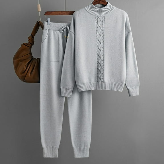 Usmixi Holiday Sweater Sets for Women Womens Knitted Lounge Set Casual Solid Long Sleeve Pullover Sweater and Drawstring Jogger Pant 2 Piece Outfit Ladies Loungewear Suits up to 60% off