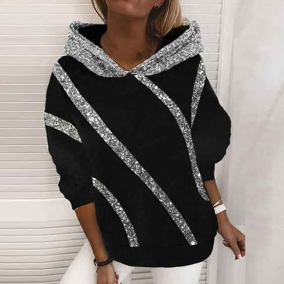 Usmixi Hoodies for Women Hooded Sweatshirt for Women Fashion Sequin Patchwork Ladies Girls Plus Size Lightweight Pullover Hoodies Tops Winter Long Sleeve Solid Casual Hoodies Tops