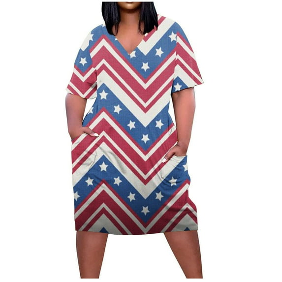 Usmixi Independence Day Dresses for Women Plus Size Loose Pocket 4th of July Swing Tunic Dresses Short Sleeve V-Neck Star Striped Print Summer Midi Formal Dress Blue xxl