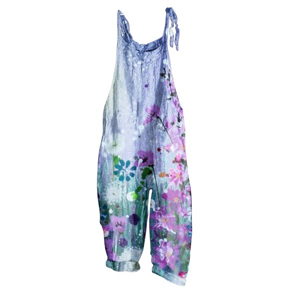 Usmixi Jumpsuits for Women Beach Bohe Fashion Loose Comfy Cotton Linen Strap Baggy Wide Leg Pocket Jumpsuits Overalls Summer Formal Tie-Dye Print Crewneck Sleeveless Long Rompers Purple s