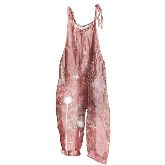 Usmixi Jumpsuits for Women Beach Comfy Lightweight Linen Adjustable Strap Loose Wide Leg Casual Long Jumpsuits Overalls Summer Formal Tie-Dye Print Round Neck Sleeveless Maxi Rompers Red xxl