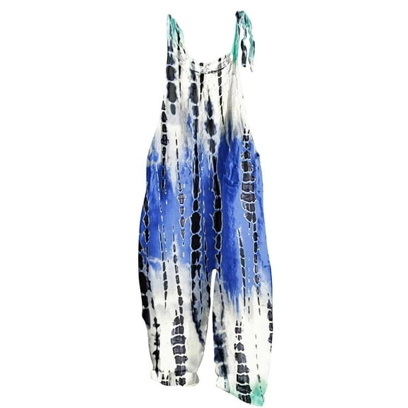 Usmixi Jumpsuits for Women Beach Comfy Lightweight Linen Adjustable Strap Loose Wide Leg Casual Long Jumpsuits Overalls Summer Formal Tie-Dye Print Round Neck Sleeveless Maxi Rompers Blue m