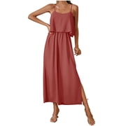 Usmixi Jumpsuits for Women Beach Fashion Ruffle Layer Slit Elastic Waist Spaghetti Strap Long Jumpsuits Overalls Summer Formal Solid Round Neck Sleeveless Maxi Rompers Pink xl