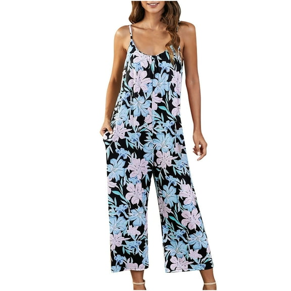 Usmixi Jumpsuits for Women Beach Holiday Plus Size Fashion Spaghetti Strap Wide Leg Pocket Long Jumpsuits Overalls Summer Formal Leaves Print Crewneck Sleeveless Maxi Rompers Green s