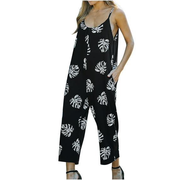 Usmixi Jumpsuits for Women Beach Holiday Plus Size Fashion Spaghetti Strap Wide Leg Pocket Long Jumpsuits Overalls Summer Formal Leaves Print Crewneck Sleeveless Maxi Rompers Black xxxl