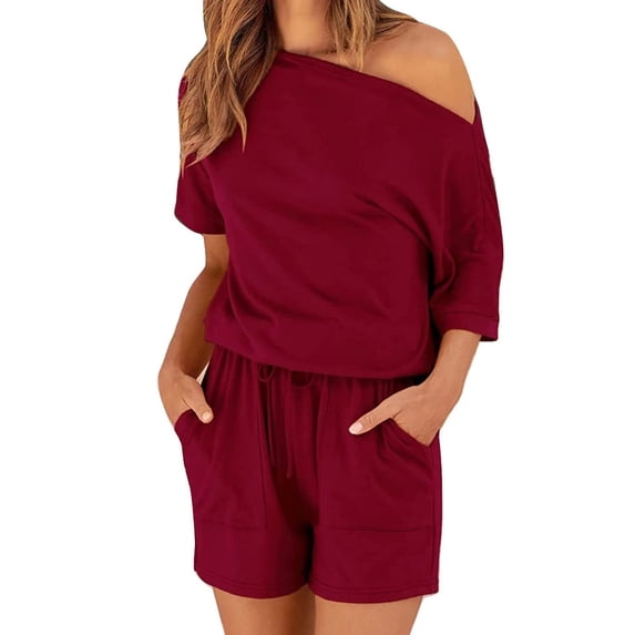 Usmixi Jumpsuits for Women Casual Drawstring Elastic Waist One Shoulder Straight Short Jumpsuits Overalls Summer Formal Solid Slash Neck Short Sleeve Mini Rompers Wine m