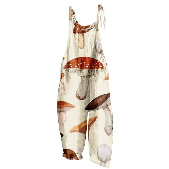 Usmixi Jumpsuits for Women Casual Loose Lightweight Cotton Linen Adjustable Strap Wide Leg Baggy Long Jumpsuits Overalls Summer Formal Plants Print Round Neck Sleeveless Maxi Rompers Khaki s