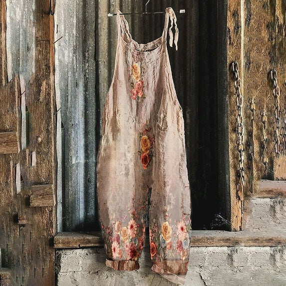 Usmixi Jumpsuits for Women Casual Pocket Loose Soft Cotton Linen Overalls Adjustable Strap Vintage Floral Baggy Long Jumpsuits Summer Formal Leopard Print Round Neck Sleeveless Maxi Rompers