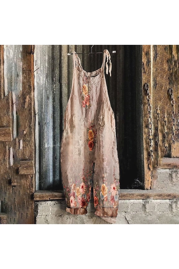 Usmixi Jumpsuits for Women Casual Pocket Loose Soft Cotton Linen Overalls Adjustable Strap Vintage Floral Baggy Long Jumpsuits Summer Formal Leopard Print Round Neck Sleeveless Maxi Rompers