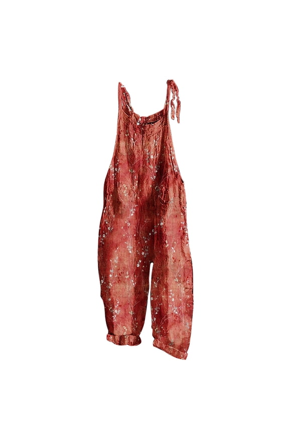 Usmixi Jumpsuits for Women Casual Pocket Loose Soft Cotton Linen Overalls Adjustable Strap Vintage Floral Baggy Long Jumpsuits Summer Formal Leopard Print Round Neck Sleeveless Maxi Rompers Red xxl