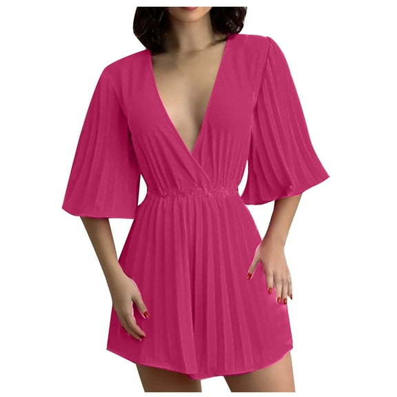 Usmixi Jumpsuits for Women Casual Solid Elastic Waist Plus Size Loose Flowy Pleated Wide Leg Short Jumpsuits Overalls Summer Formal Plain V-Neck Elbow-Length Mini Rompers Hot Pink l