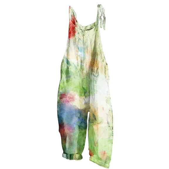 Usmixi Jumpsuits for Women Comfy Cotton Linen Ladies Casual Loose Baggy Wide Leg Pocket Strap Jumpsuits Overalls Summer Formal Leaves Print Round Neck Sleeveless Long Rompers Green xl