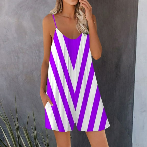 Usmixi Jumpsuits for Women Dressy Beach Fashion Loose Pocket Spaghetti Strap Mini Jumpsuits Overalls Summer V-Neck Sleeveless Striped Print Short Formal Rompers Purple m