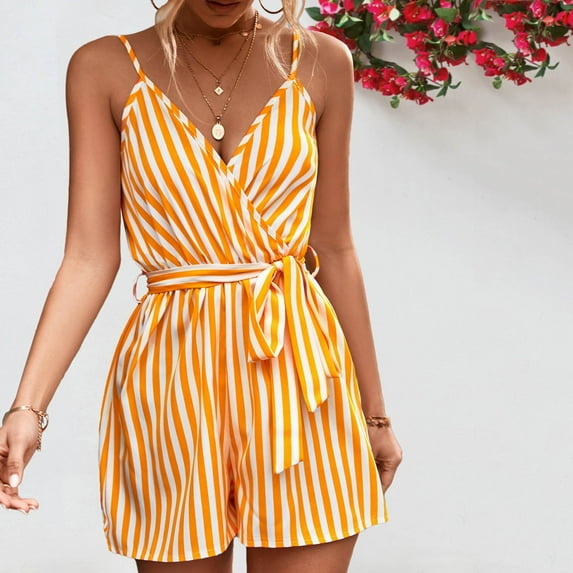 Usmixi Jumpsuits for Women Dressy Beach Fashion Tie Waist Spaghetti Strap Straight Short Jumpsuits Overalls Summer V-Neck Sleeveless Striped Print Mini Formal Rompers Yellow s
